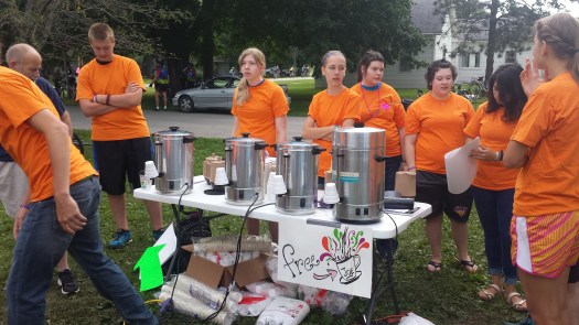 These volunteers had the best intentions of providing free coffee--except they blew a fuse and so no coffee.