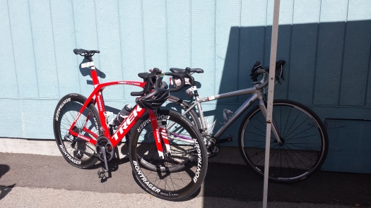 Jensie's brand new Trek Madrone parked right next to my humble Trixie.